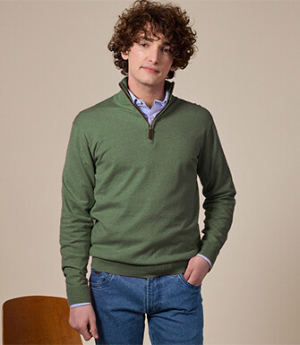 Lime Green organic cotton/cashmere half-zip thin pullover - VLAD