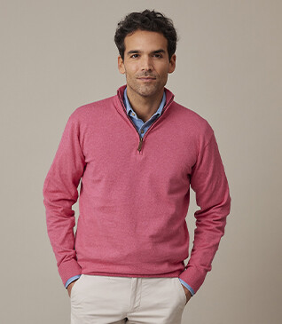 Raspberry Melange organic cotton/cashmere half-zip thin pullover - VLAD
