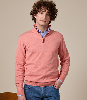 Slim Men's Organic Cotton/Cashmere Sweater with Zipped Collar, Heathered Orange - VLAD