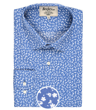 Blue printed shirt with white flowers - Straight collar - MATHURIN