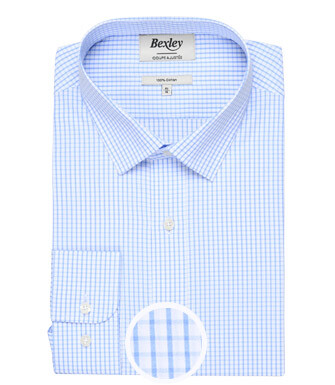 White shirt with light blue checks - Straight collar - ALFIERO