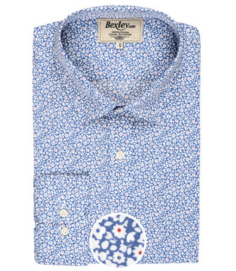 Taupe cotton printed shirt with white & blue patterns - EDALBERT