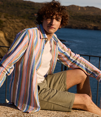 Blue, Orange, and Green Chambray cotton linen shirt - EDIBERT