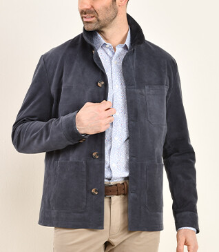 Men's Navy Suede Leather Jacket  - FAUSTIN