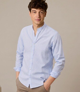 Plain Light Blue Chambray cotton linen shirt - ELIBERT