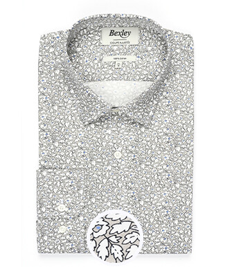 Taupe cotton shirt printed white and blue flowers - VICTORIEN