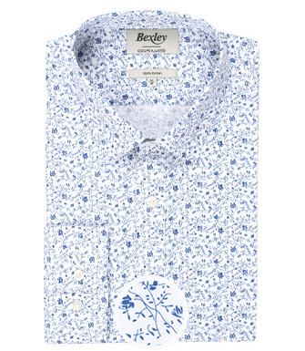 White printed shirt - Blue flowers - Straight collar - FIDÉLIAS