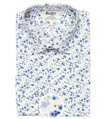White cotton shirt with blue and beige flowers - THÉANDRE