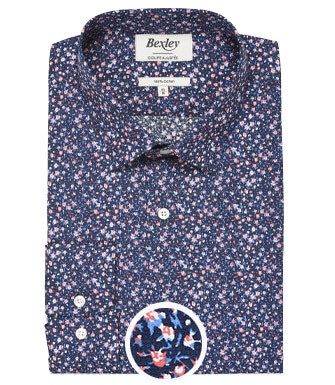 Navy cotton shirt with coral flowers print - WILROSE