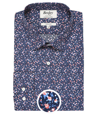 Navy cotton shirt with coral flowers print - WILROSE