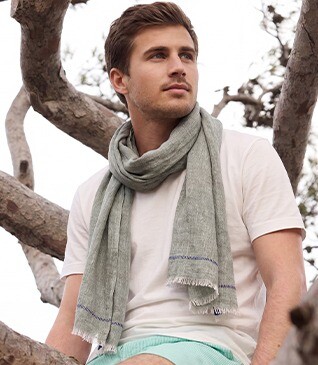 Green Chambray with Navy Border cotton/linen Scarf