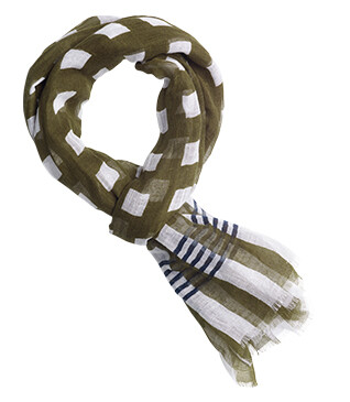 Men’s Linen and Cotton Scarf - Ecru with Khaki and Navy Pattern