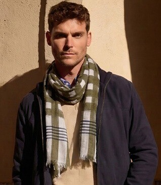 Men’s Linen and Cotton Scarf - Ecru with Khaki and Navy Pattern
