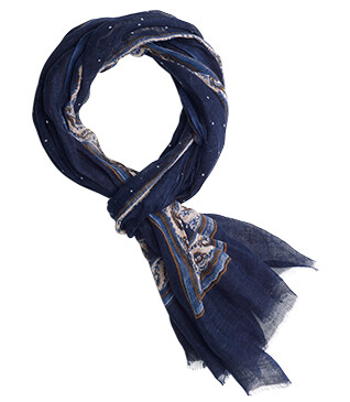 Men’s Linen and Cotton Scarf - Navy with White Beige Yellow Pattern