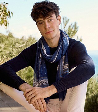 Men’s Linen and Cotton Scarf - Navy with White Beige Yellow Pattern