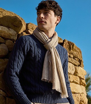 Men’s Linen and Cotton Scarf - Greige Chevron