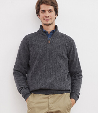 Anthracite melange grey half-zip wool cable knit sweater - KEITHOR