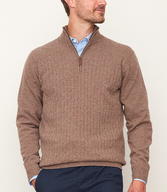 Brown Melange half-zip wool cable knit sweater - KEITHOR