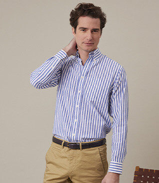 Ocean Blue & White long sleeve cotton linen shirt - COLTEN