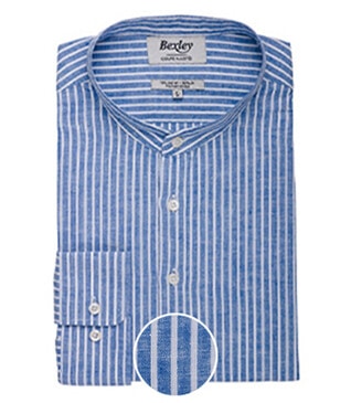 Ocean Blue Chambray & White stripes cotton lien tunic shirt - VALBERT