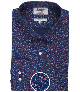 Dark Blue cotton shirt with blue and red floral print - GASSIEN