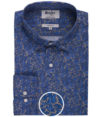 Indigo Blue shirt with tropical khaki print - GALLIBERT