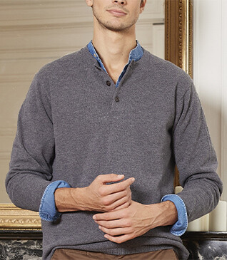 Middle Grey Melange henley style wool jumper - CULIAN