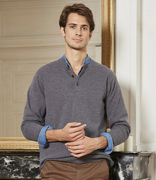 Middle Grey Melange henley style wool jumper - CULIAN
