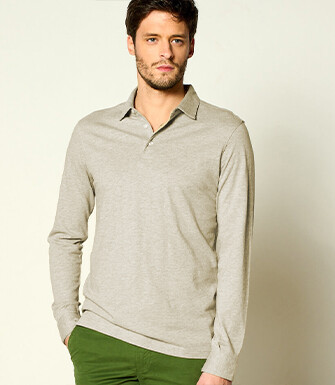 Light Taupe Melange Men's long sleeve polo shirt - AIDEN ML