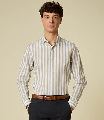 Cotton and linen striped shirt in linden green and white - BRUNIEN