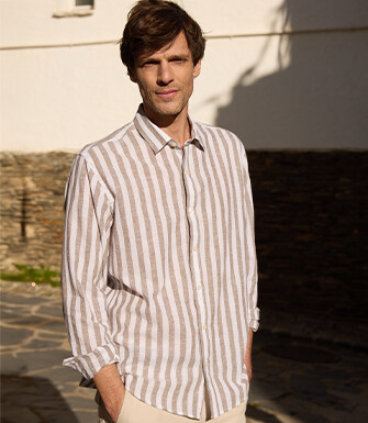 Khaki and White striped cotton linen shirt - BRUNIEN