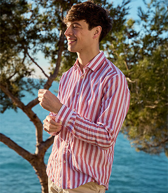Cotton and linen striped shirt in Basque red and white - BRUNIEN