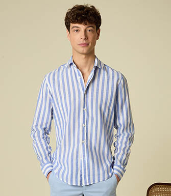 Cotton and linen striped shirt in blue and white - BRUNIEN