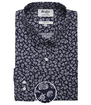 Navy shirt with Sage Green prints - Straight collar - ADELIN