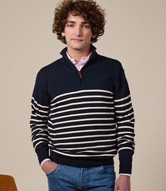 Navy &Ecru half zip organic cotton/ cashmere sailor jumper - VLADIAC