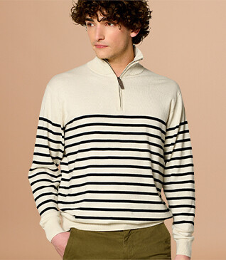 Ecru & navy half zip organic cotton/ cashmere sailor jumper - VLADIAC