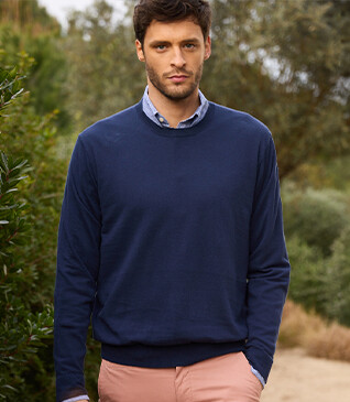 Navy Denim round-neck cotton/linen Jumper - CLINDMIR