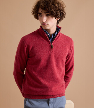 Red and Dark Blue Mottled half-zip wool jumper - KEYDEN