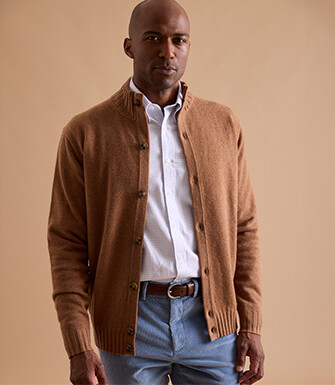 Melange Hazelnut Buttoned High Collar Cardigan - KIMSEY