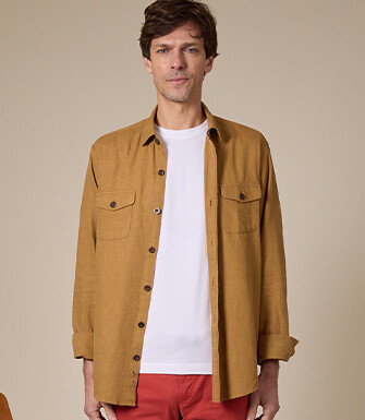 Men's overshirt in cotton/linen Dark Camel - CORANTIN