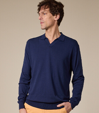 Men's Sweater with Polo Collar, Navy Denim - BRAVLIN