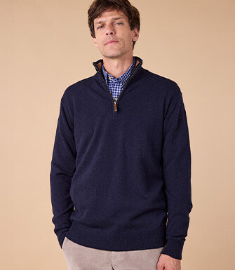 Mottled Hazelnut and Navy half-zip wool jumper - KEYDEN II