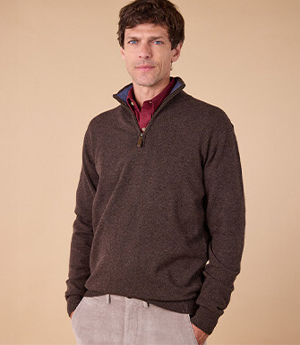 Dark Chocolate and Dark Heather Blue half-zip wool jumper - KEYDEN II