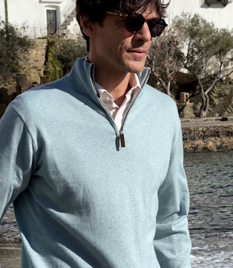 Slim Men's Organic Cotton/Cashmere Sweater with Zipped Collar, Pastel Blue - VLAD