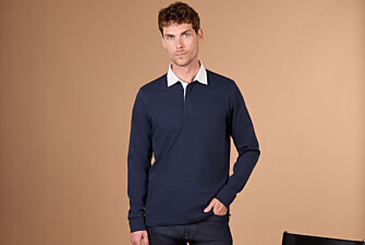 Men's navy washed cotton long sleeve rugby polo - SKYLER