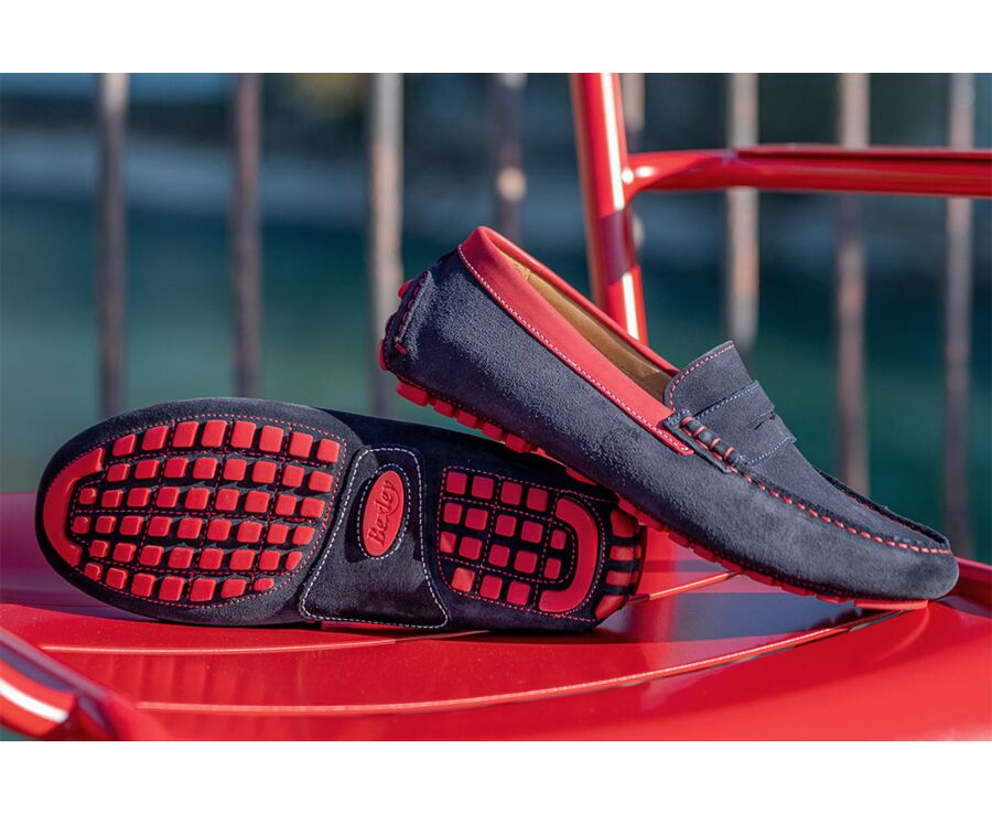 Navy Suede and Red leather Men's Driving Moccasins - FERGUSON