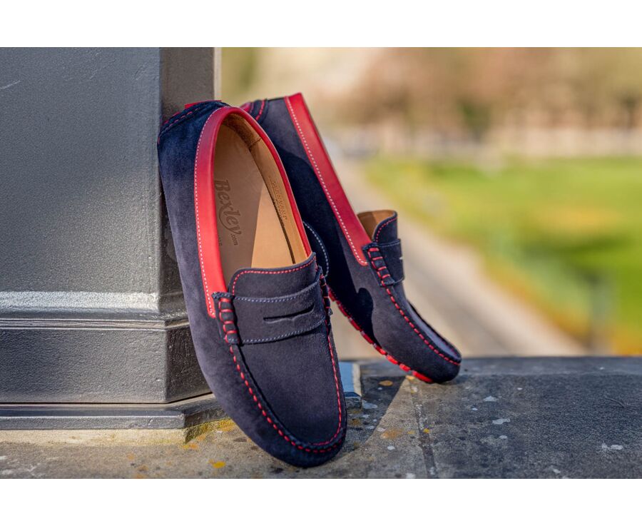 Navy Suede and Red leather Men's Driving Moccasins - FERGUSON