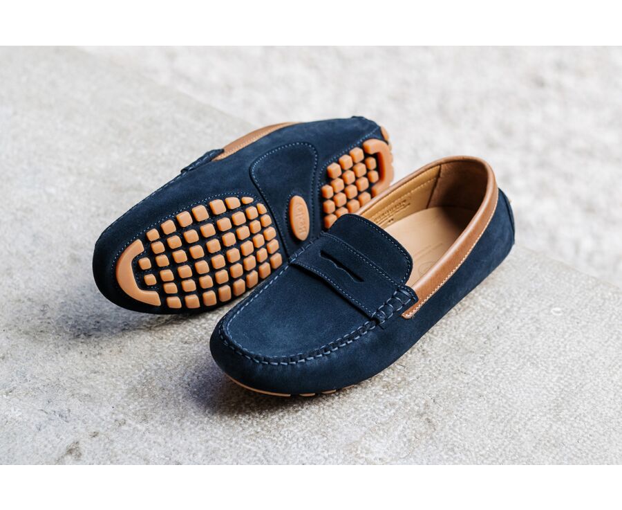Navy Suede with Chestnut Trim - Men's Driving Moccassins - FERGUSON
