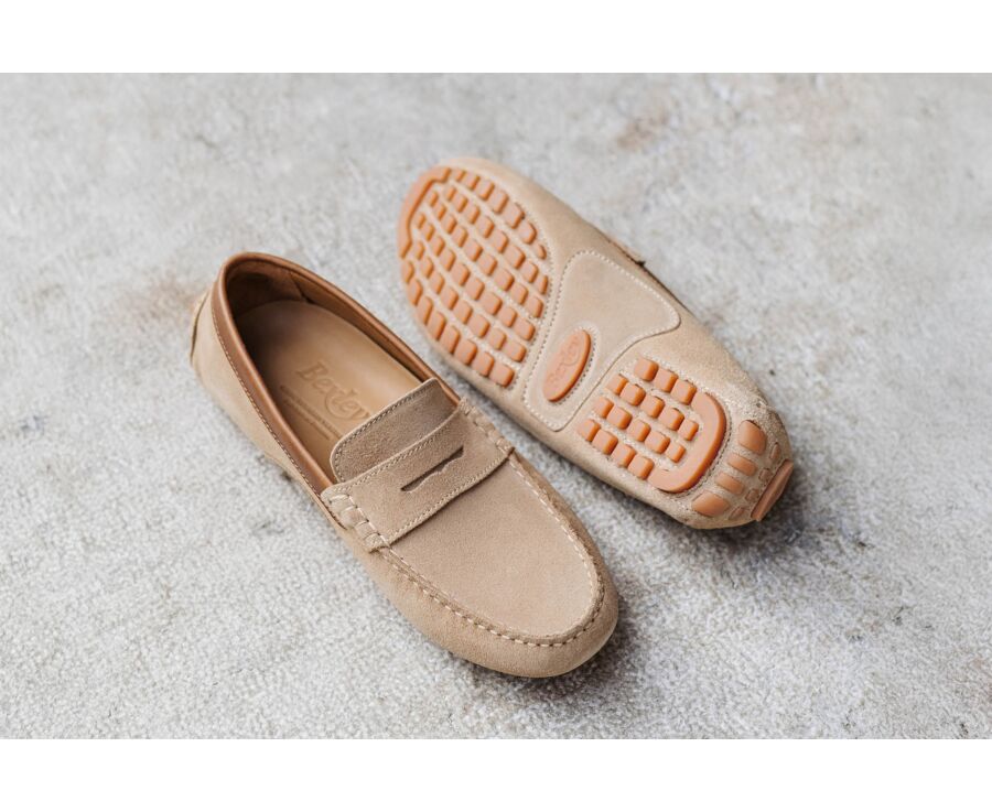 Beige Suede with Chestnut Trim - Men's Driving Moccassins - FERGUSON