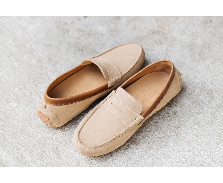 Beige Suede with Chestnut Trim - Men's Driving Moccassins - FERGUSON